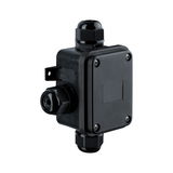 Black plastic junction box with cable glands for electrical wiring installations
