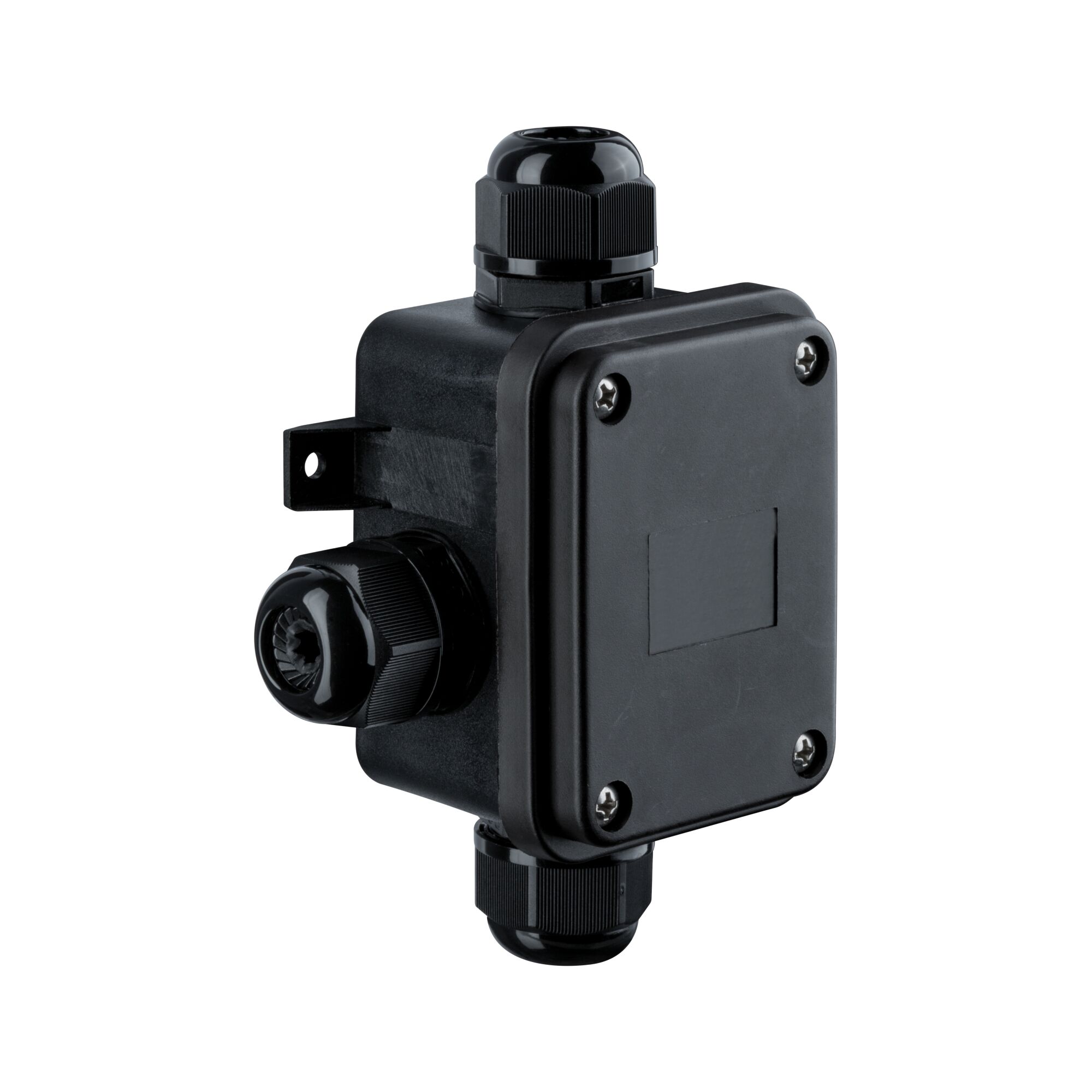 Black plastic junction box with cable glands for electrical wiring installations