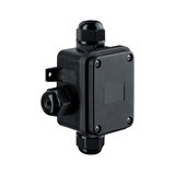 Black plastic junction box with cable glands for electrical wiring installations