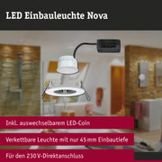 Weiße LED Einbauleuchte Nova mit austauschbarem LED-Coin und 45 mm Einbautiefe für 230V Anschluss