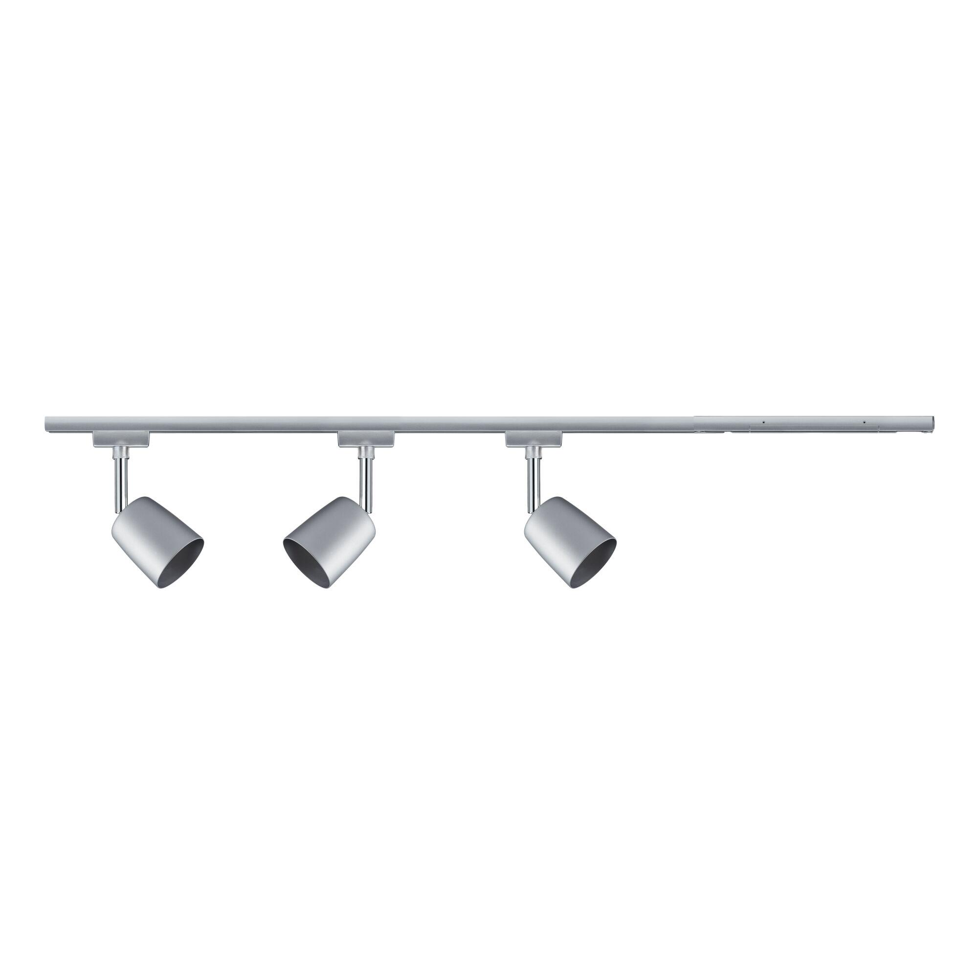 Three silver LED spotlights on a metal rail for modern indoor lighting solutions