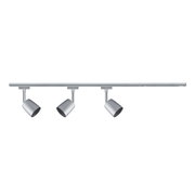 Three silver LED spotlights on a metal rail for modern indoor lighting solutions