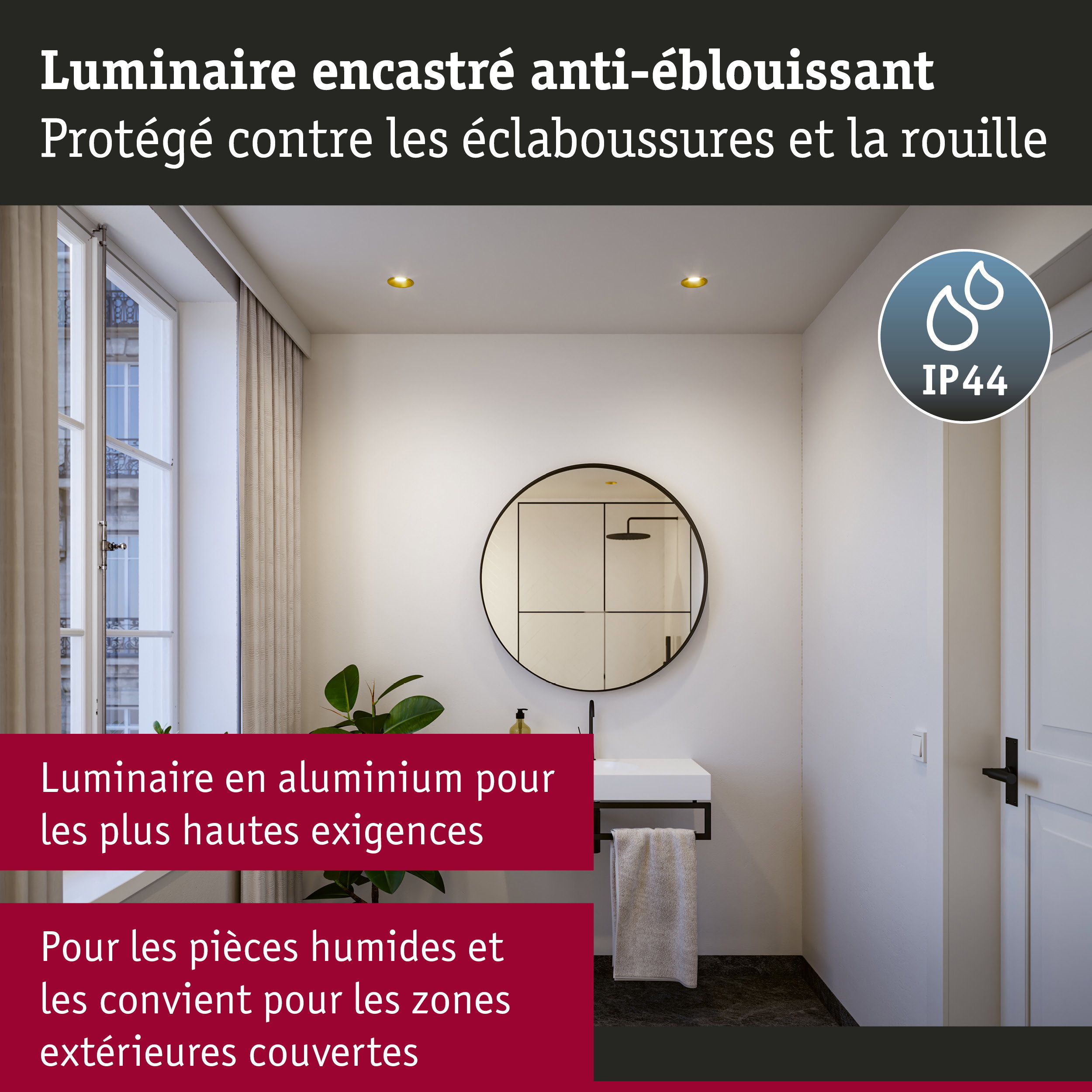 Luminaire encastré en aluminium blanc chaud avec protection IP44 pour pièces humides et extérieurs