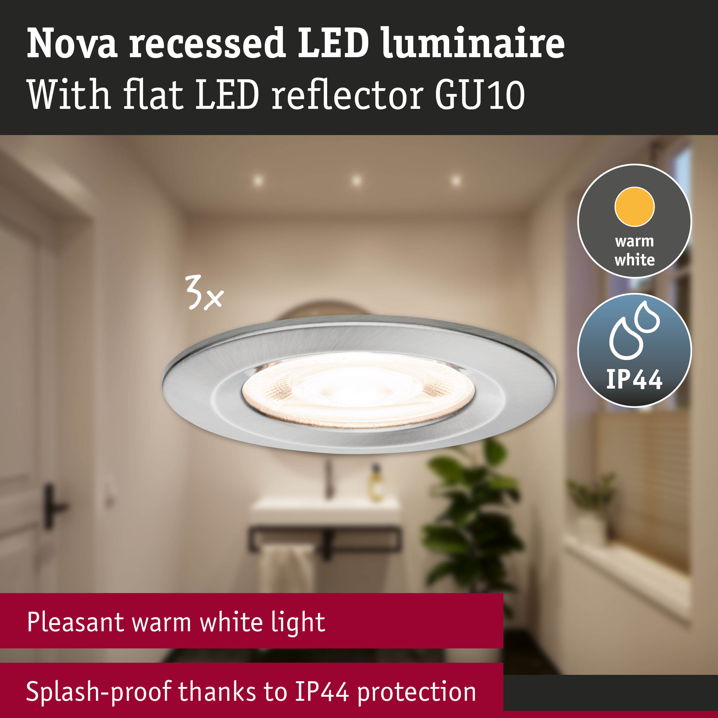 Nova recessed LED luminaire in silver aluminium with warm white light and IP44 splash protection for bathrooms