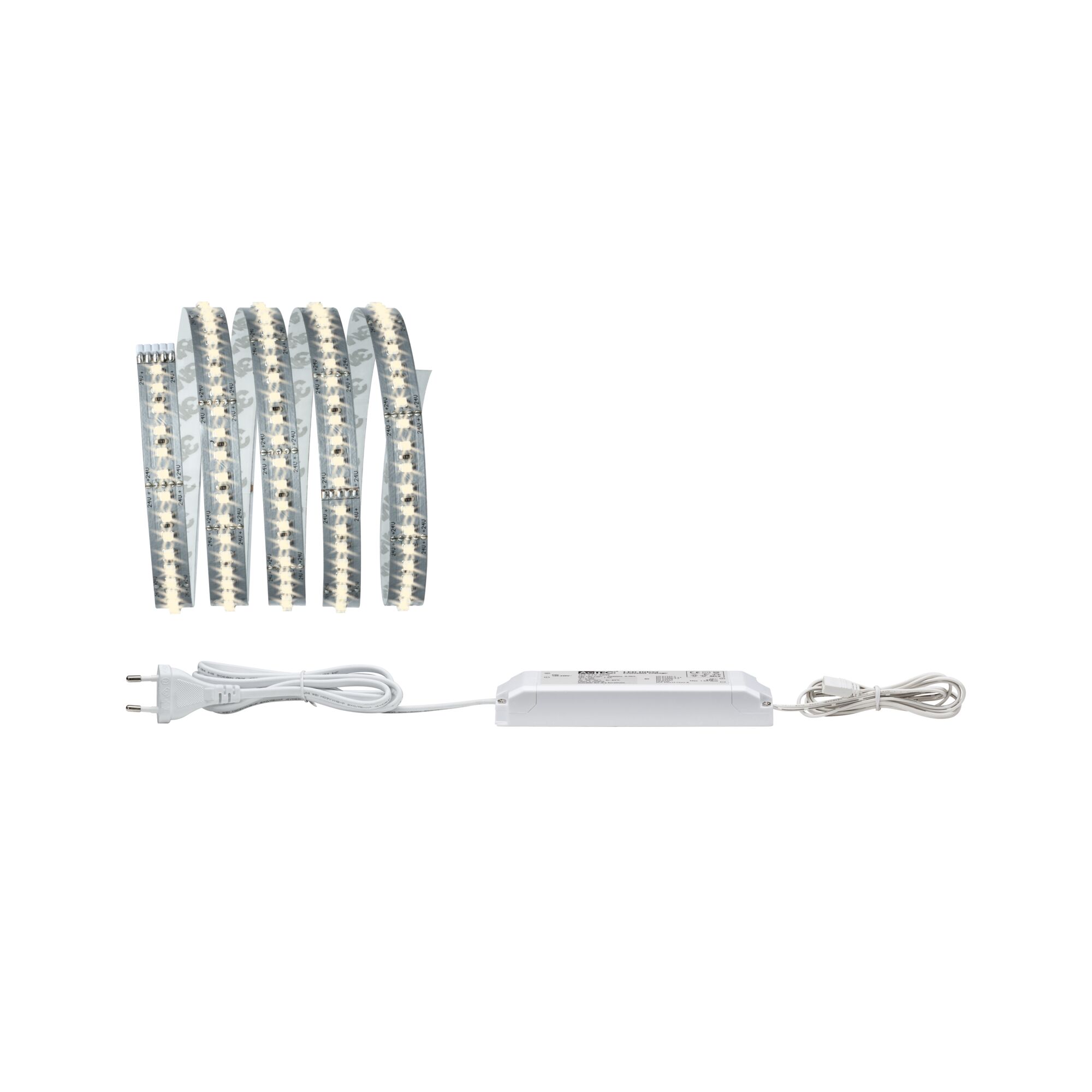 Flexibles LED-Lichtband mit weißem Kabel und Netzteil für energiesparende Beleuchtung.