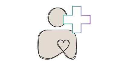 Symbol für Gesundheitsmanagement mit stilisierter Person und medizinischem Pluszeichen in Grau und Blau