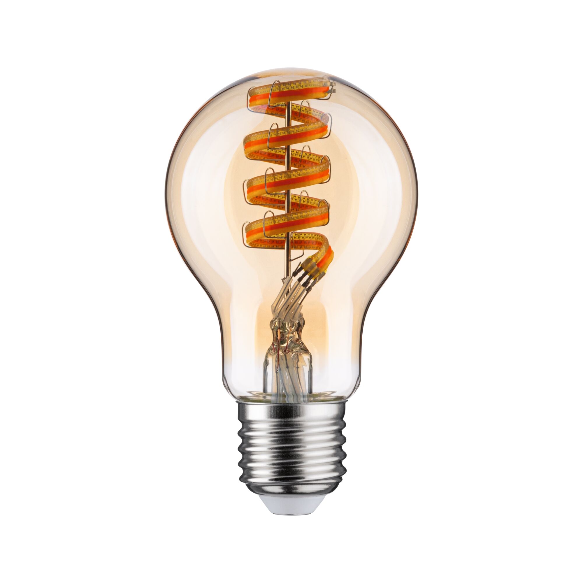 LED-lamp met spiraalvormig oranje filament en helder glas voor decoratieve verlichting