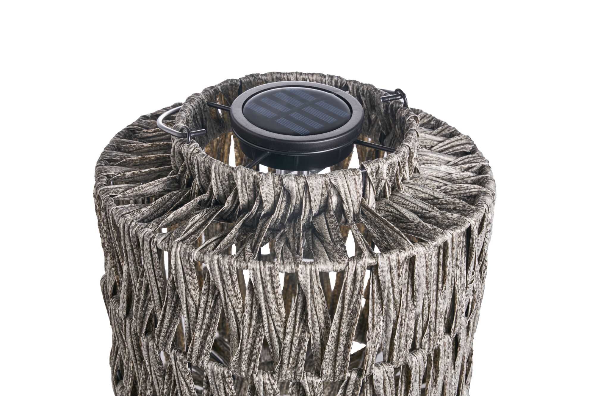 Solar outdoor lamp with woven grey-brown synthetic material for garden and patio lighting