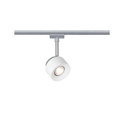 Modern white metal LED spotlight on silver track for flexible room lighting solutions