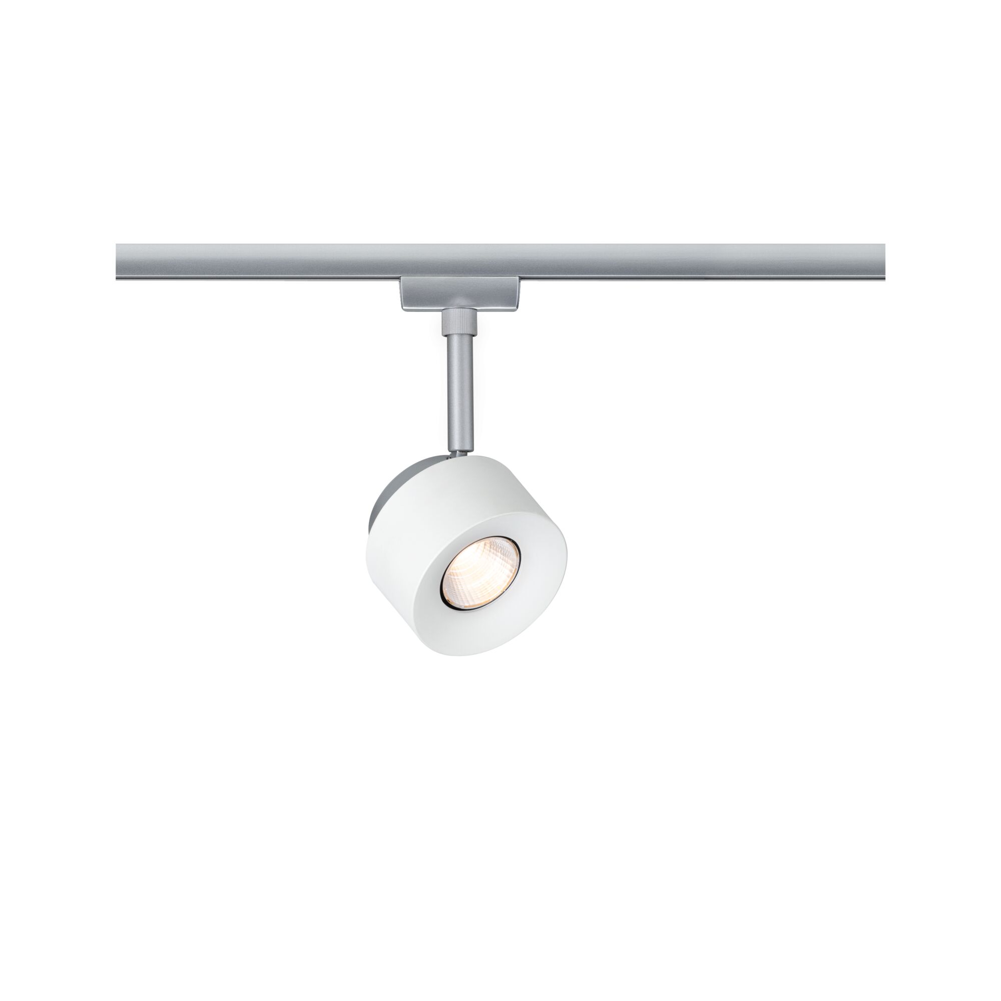 Moderner weißer LED-Strahler aus Metall an silberner Schiene für flexible Raumbeleuchtung