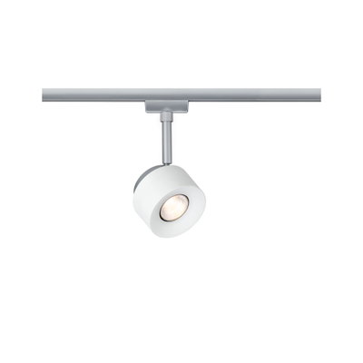 Moderner weißer LED-Strahler aus Metall an silberner Schiene für flexible Raumbeleuchtung