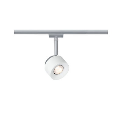 Moderner weißer LED-Strahler aus Metall an silberner Schiene für flexible Raumbeleuchtung