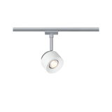 Modern white metal LED spotlight on silver track for flexible room lighting solutions