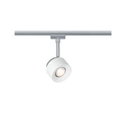 Moderner weißer LED-Strahler aus Metall an silberner Schiene für flexible Raumbeleuchtung
