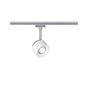 Moderner weißer LED-Strahler aus Metall an silberner Schiene für flexible Raumbeleuchtung