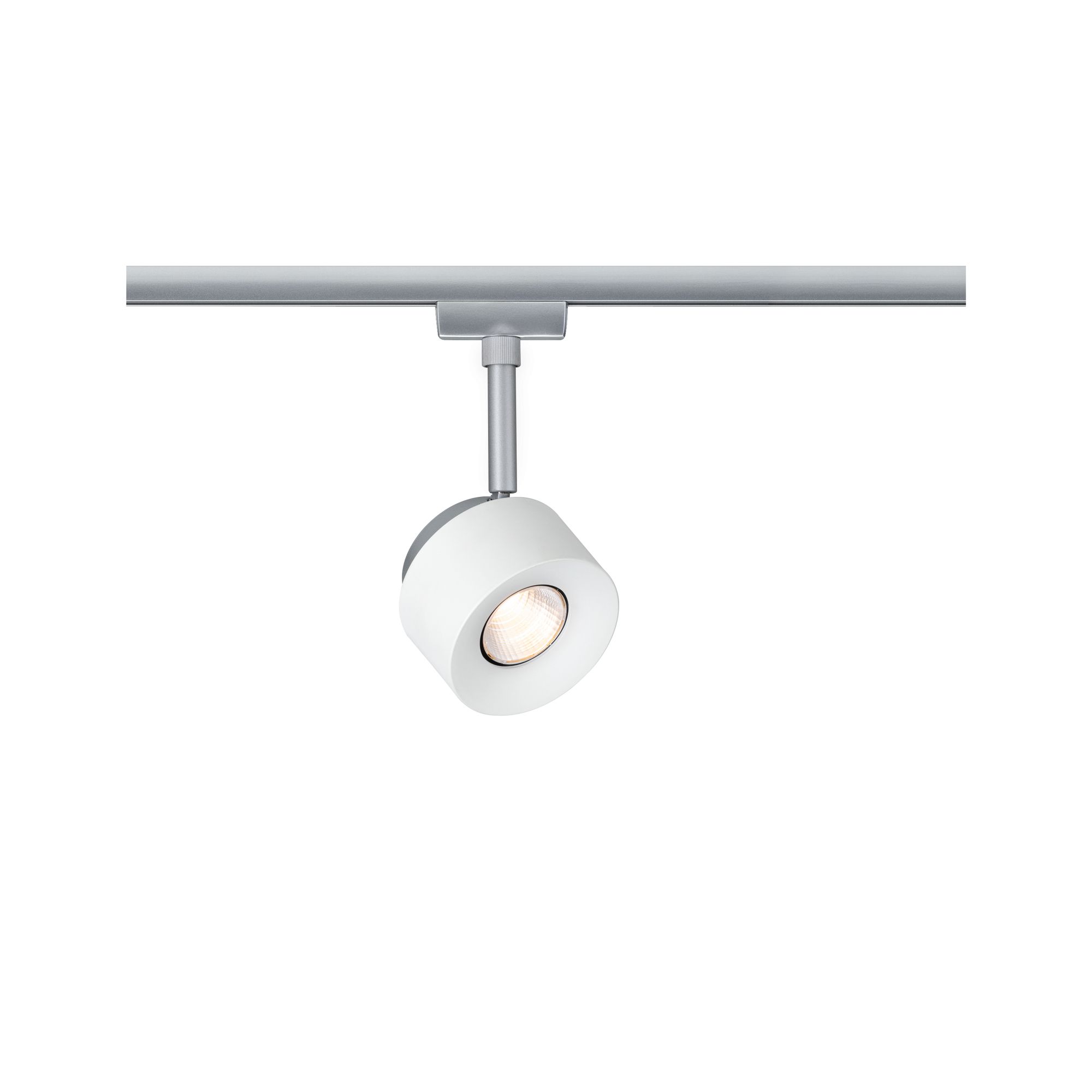 Moderner weißer LED-Strahler aus Metall an silberner Schiene für flexible Raumbeleuchtung
