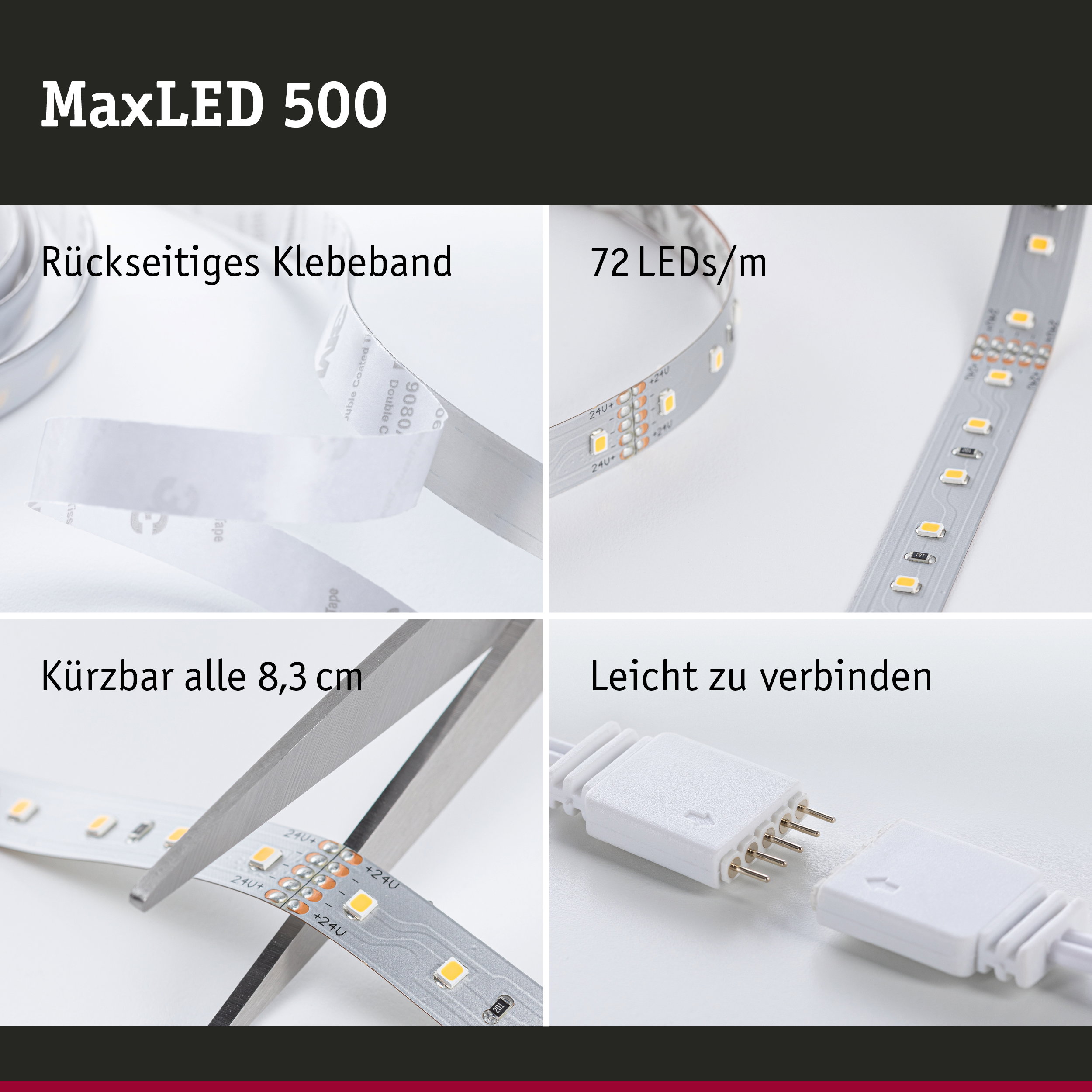 MaxLED 500 LED-Streifen mit rückseitigem Klebeband, 72 LEDs/m, kürzbar und leicht verbindbar