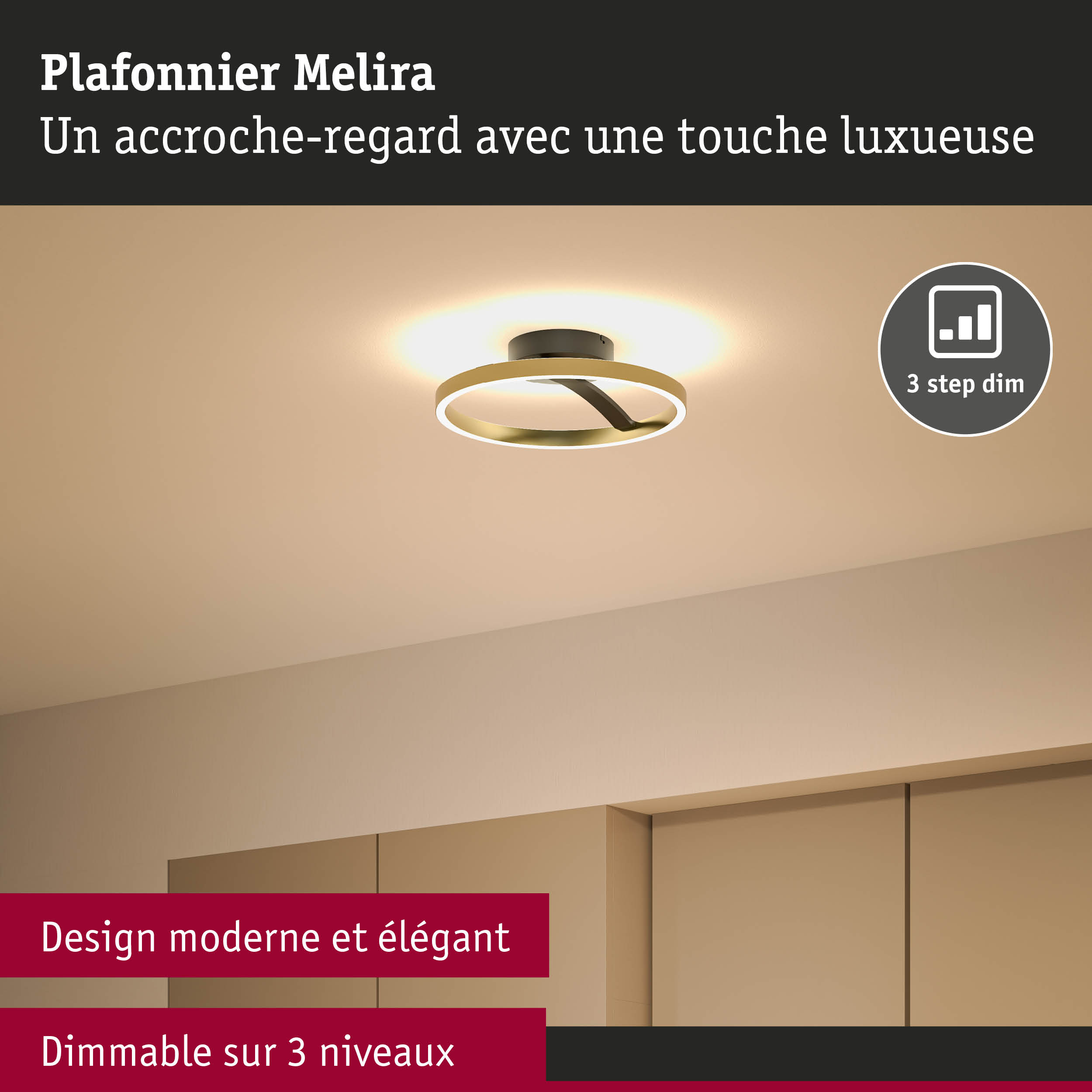Plafonnier Melira doré moderne avec LED dimmable et design élégant pour intérieur raffiné