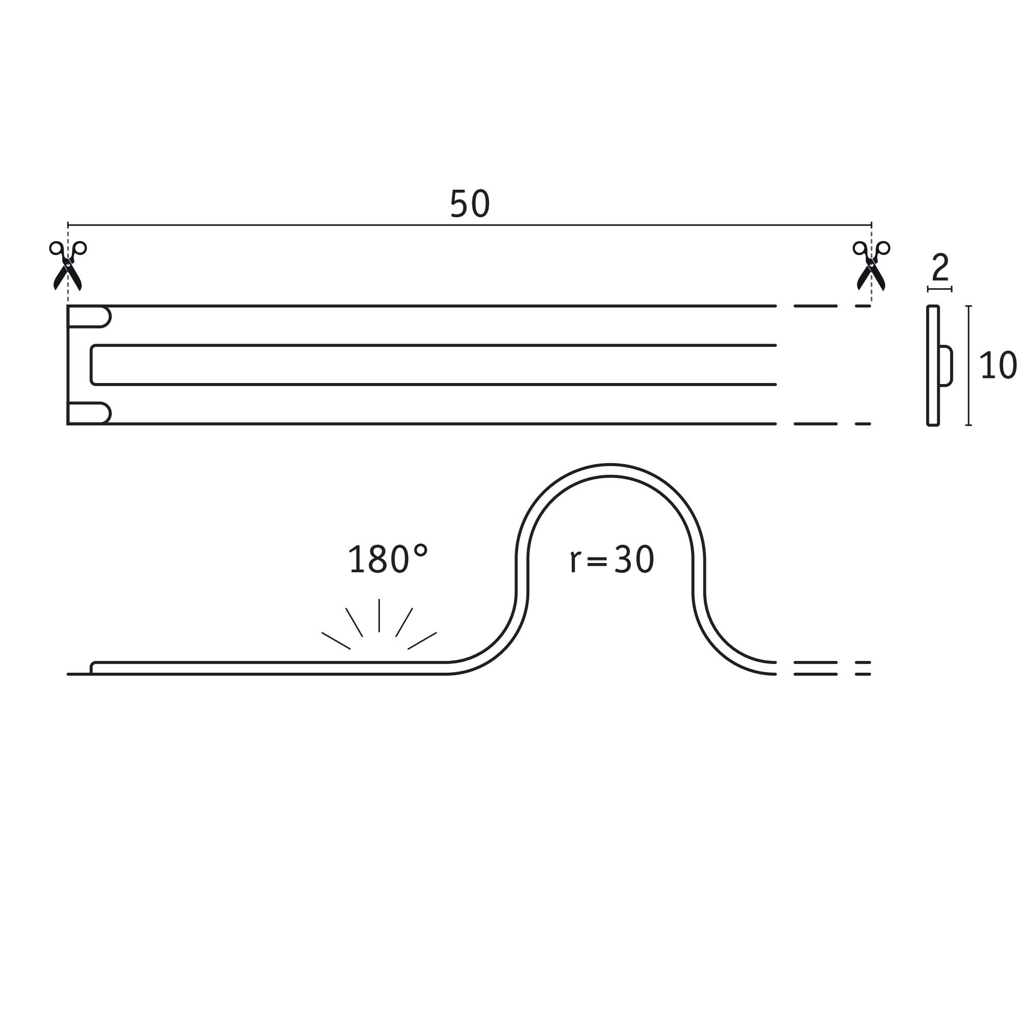 Technical drawing of LED profile strip 50 mm long and 10 mm wide for LED lighting applications.