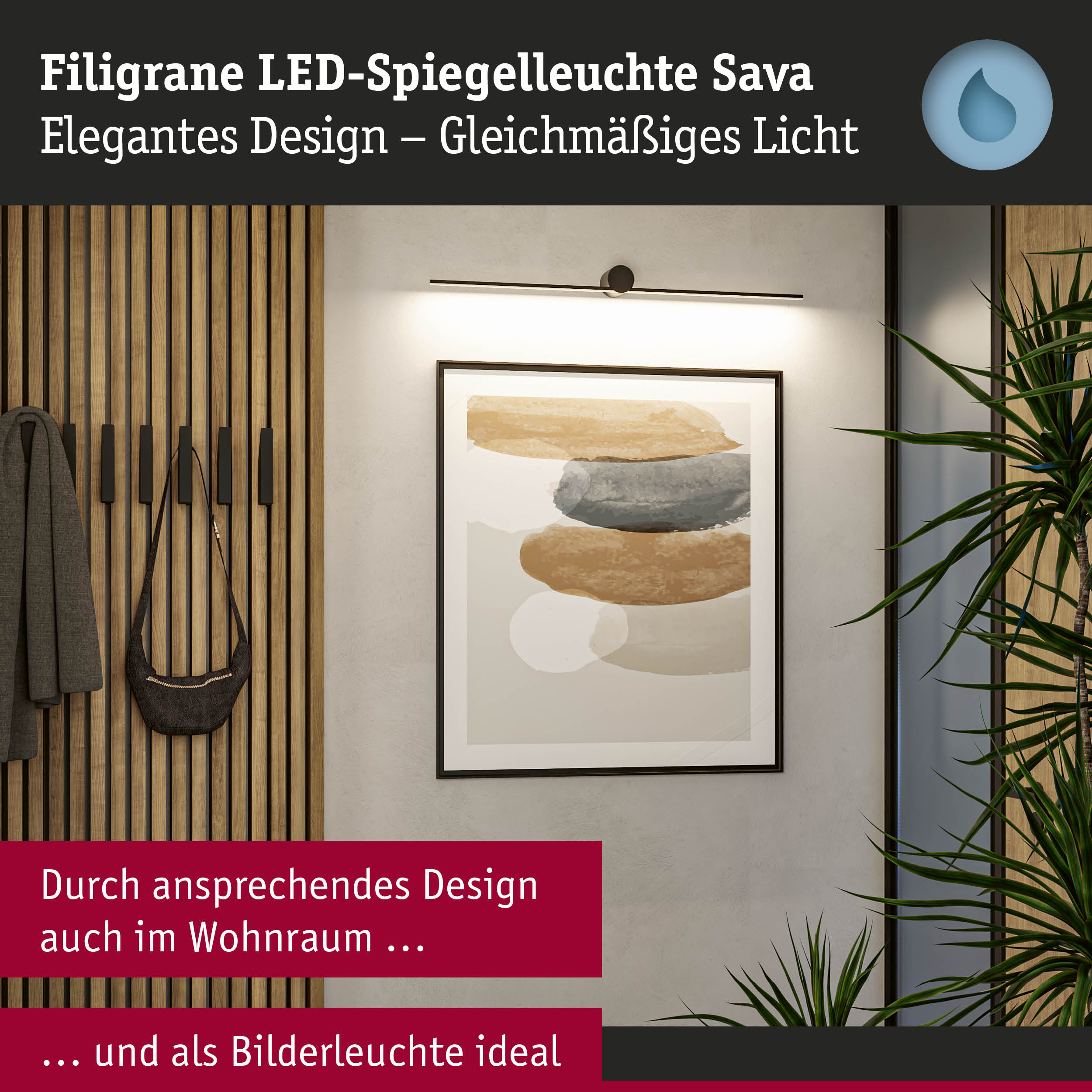 Filigrane LED-Spiegelleuchte Sava in Schwarz mit gleichmäßigem Licht für Wohnraum und Bilderbeleuchtung
