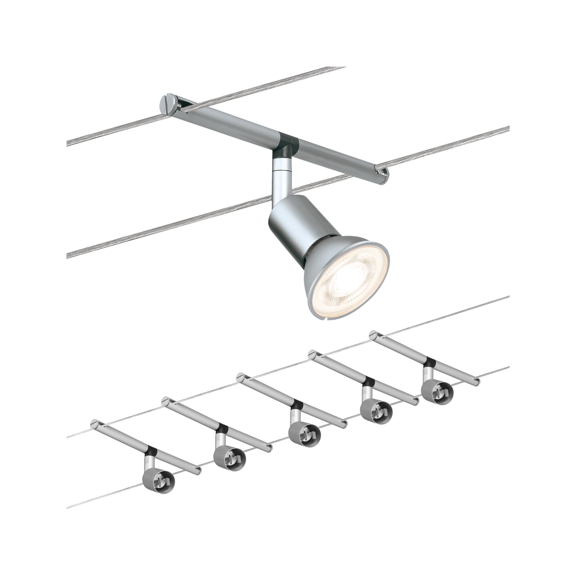 Modern silver metal cable spotlight with adjustable lamp head for versatile lighting solutions
