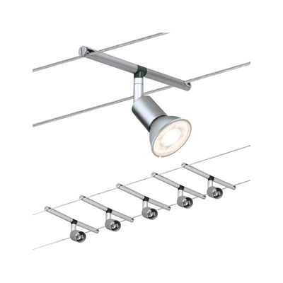 Modern silver metal cable spotlight with adjustable lamp head for versatile lighting solutions