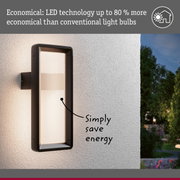 Black LED outdoor wall light on white wall featuring energy-saving technology with garden view