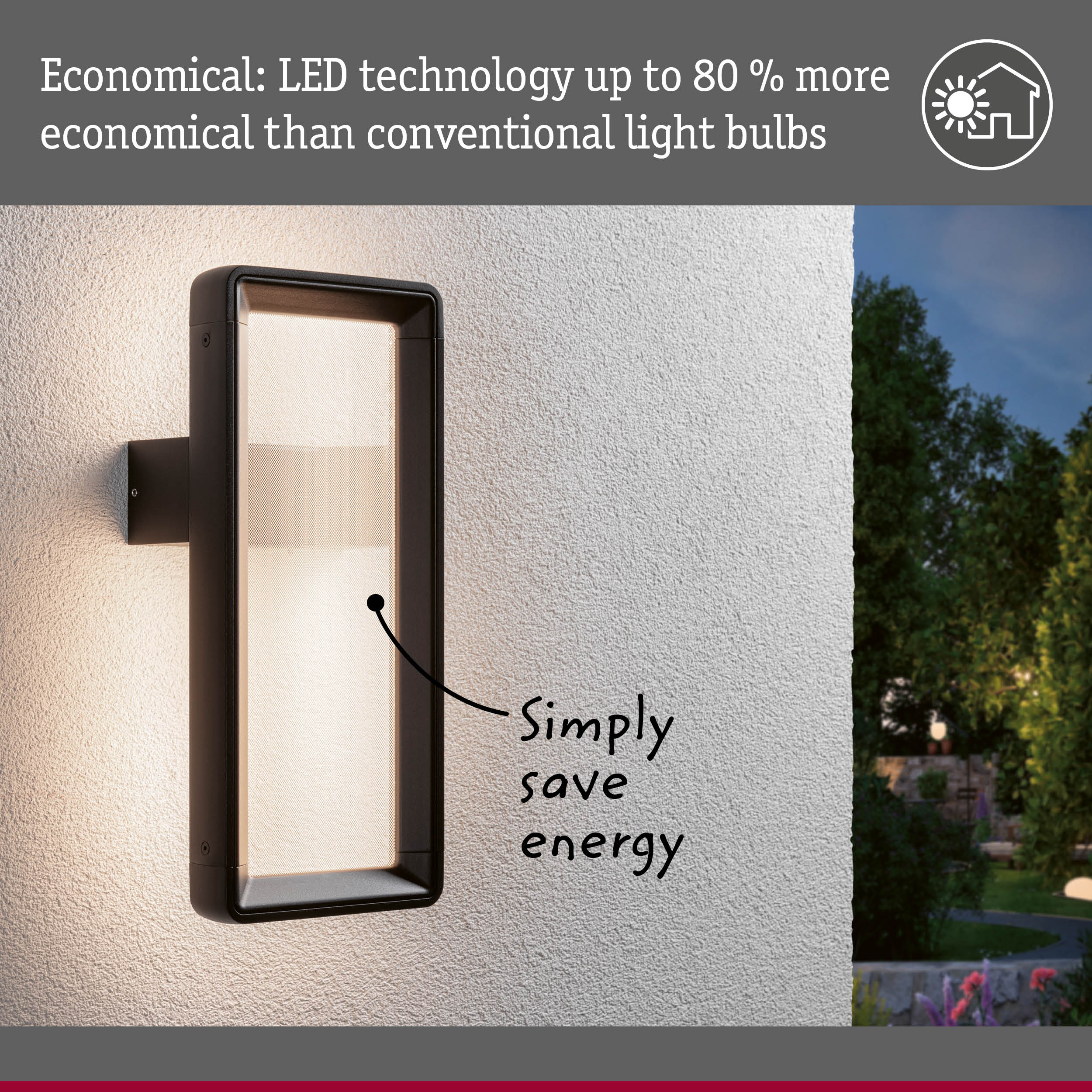 Black LED outdoor wall light on white wall featuring energy-saving technology with garden view