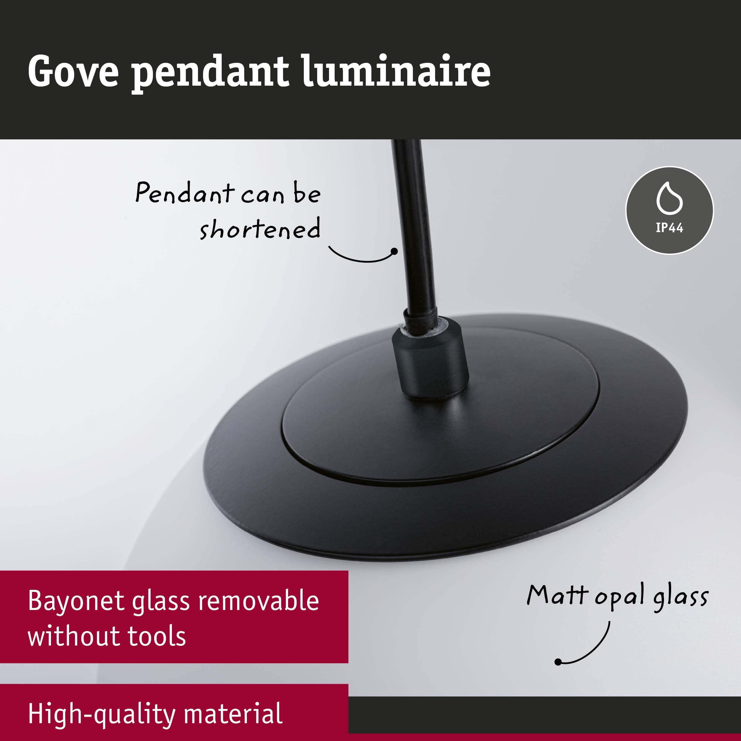 Gove pendant luminaire with matt opal glass and black material, IP44 rated, adjustable cable length