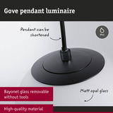 Gove pendant luminaire with matt opal glass and black material, IP44 rated, adjustable cable length