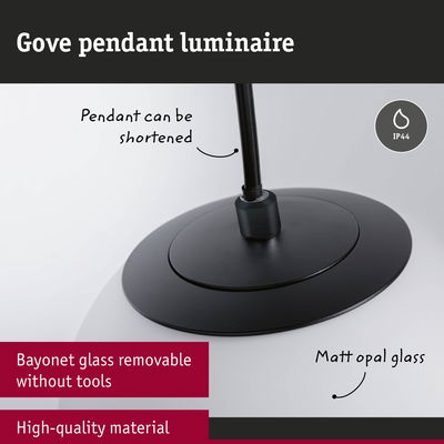 Gove pendant luminaire with matt opal glass and black material, IP44 rated, adjustable cable length