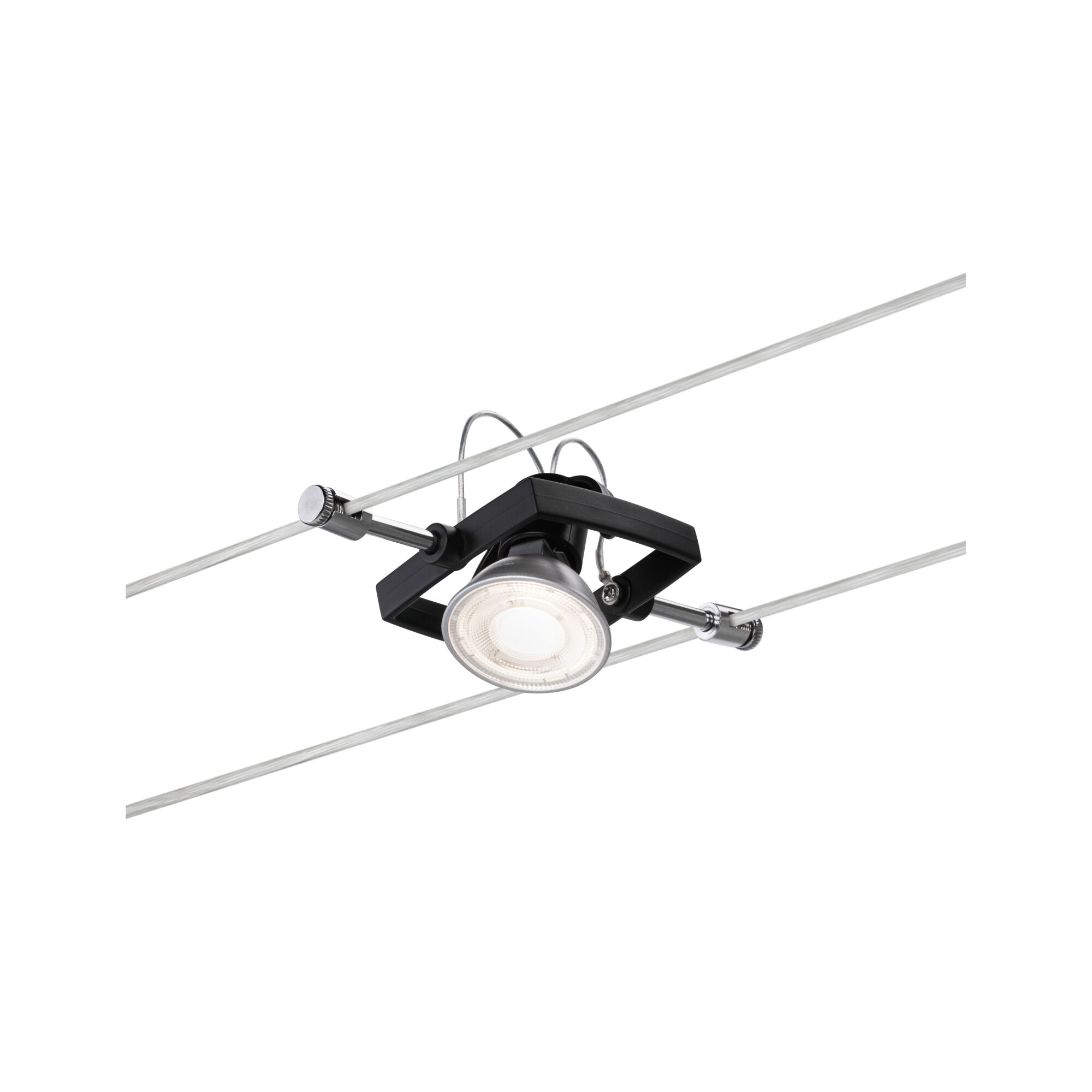 Moderne LED-kabelspot met zwart frame en zilveren draden voor flexibele verlichting