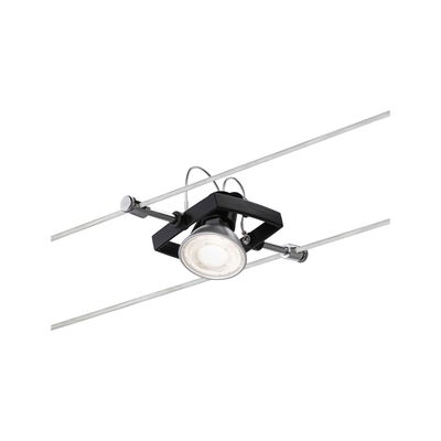 Moderner LED-Seilstrahler mit schwarzem Rahmen und silbernen Kabeln für flexible Raumbeleuchtung