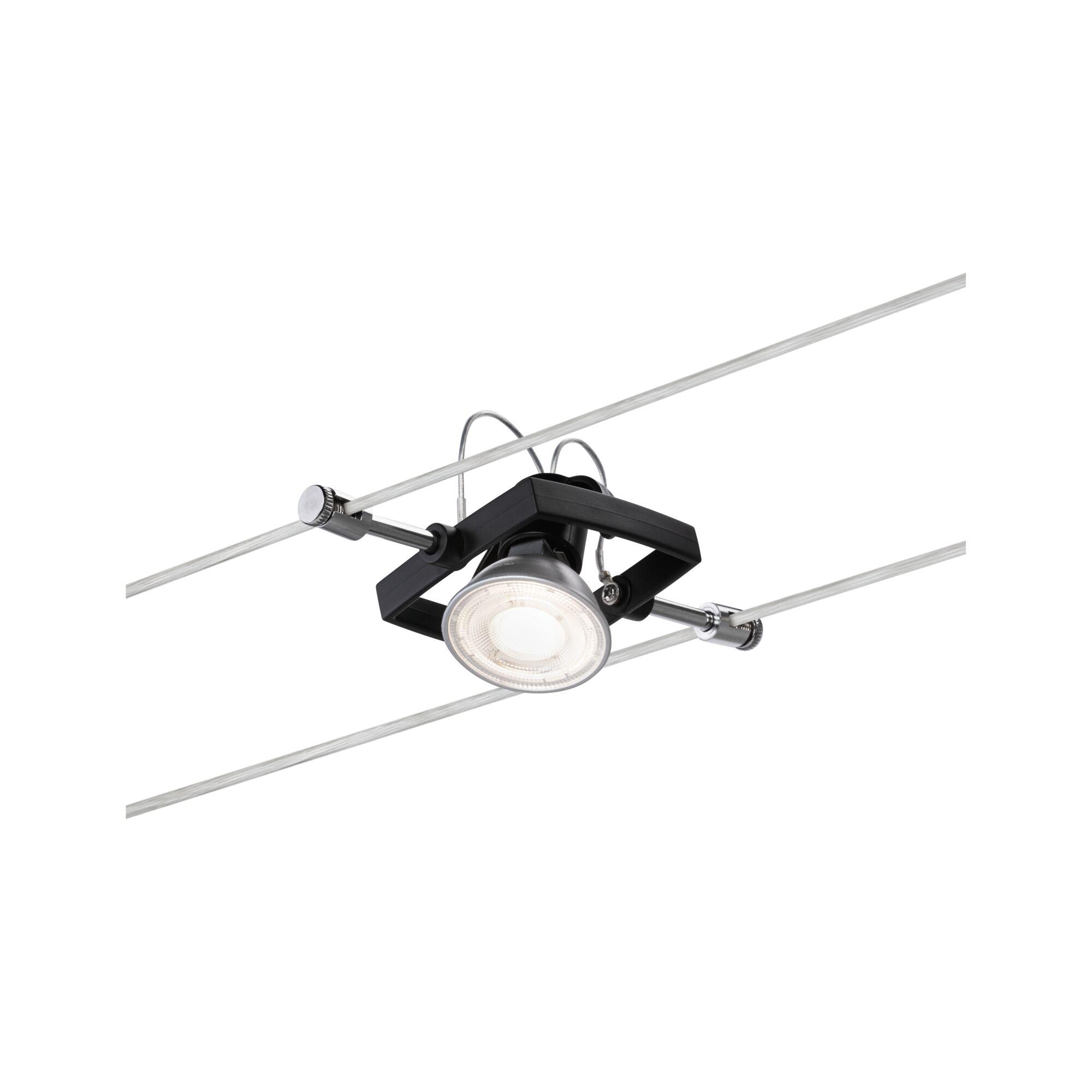Zwarte LED-rails met verstelbare spot en zilveren kabels voor moderne binnenverlichting