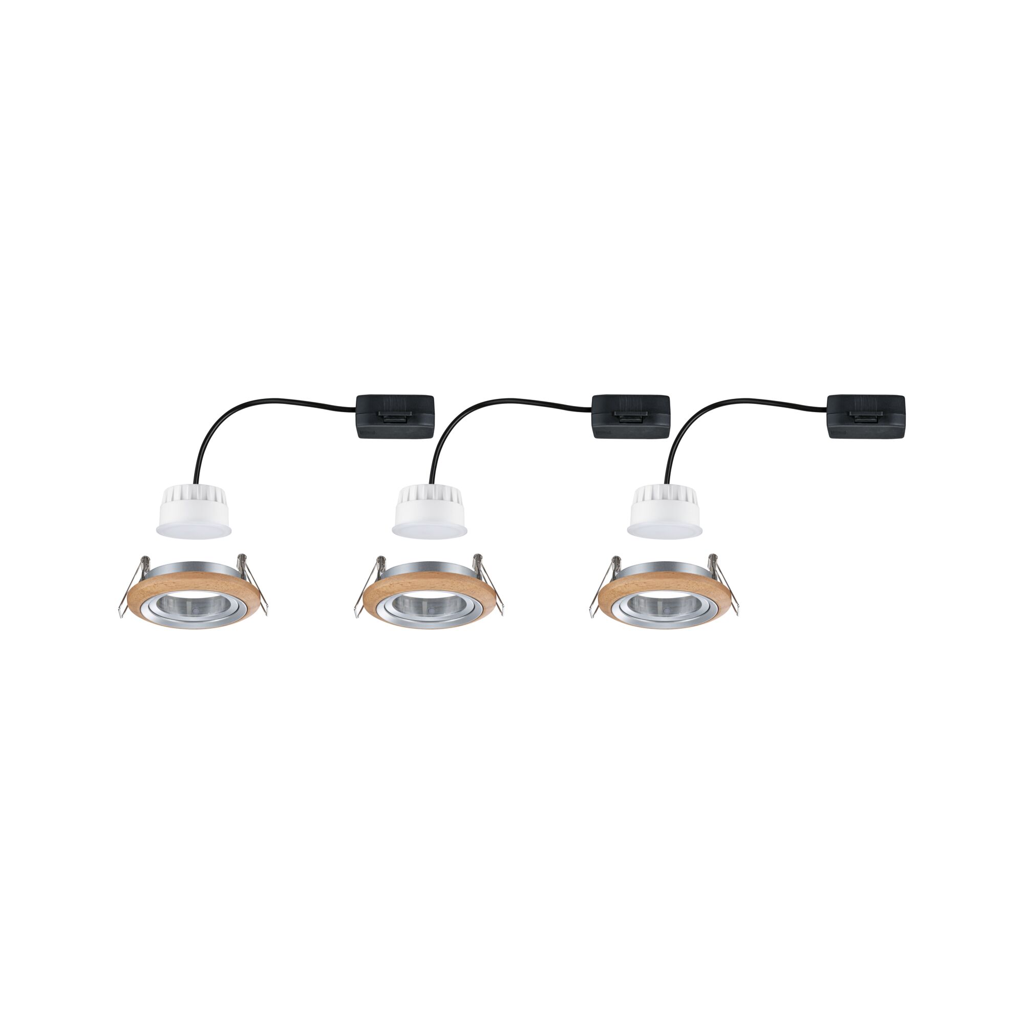 Three recessed LED spotlights with wooden ring and silver metal frame, connected by black cables and white connectors.