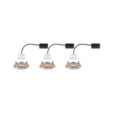 Three recessed LED spotlights with wooden ring and silver metal frame, connected by black cables and white connectors.