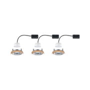 Three recessed LED spotlights with wooden ring and silver metal frame, connected by black cables and white connectors.