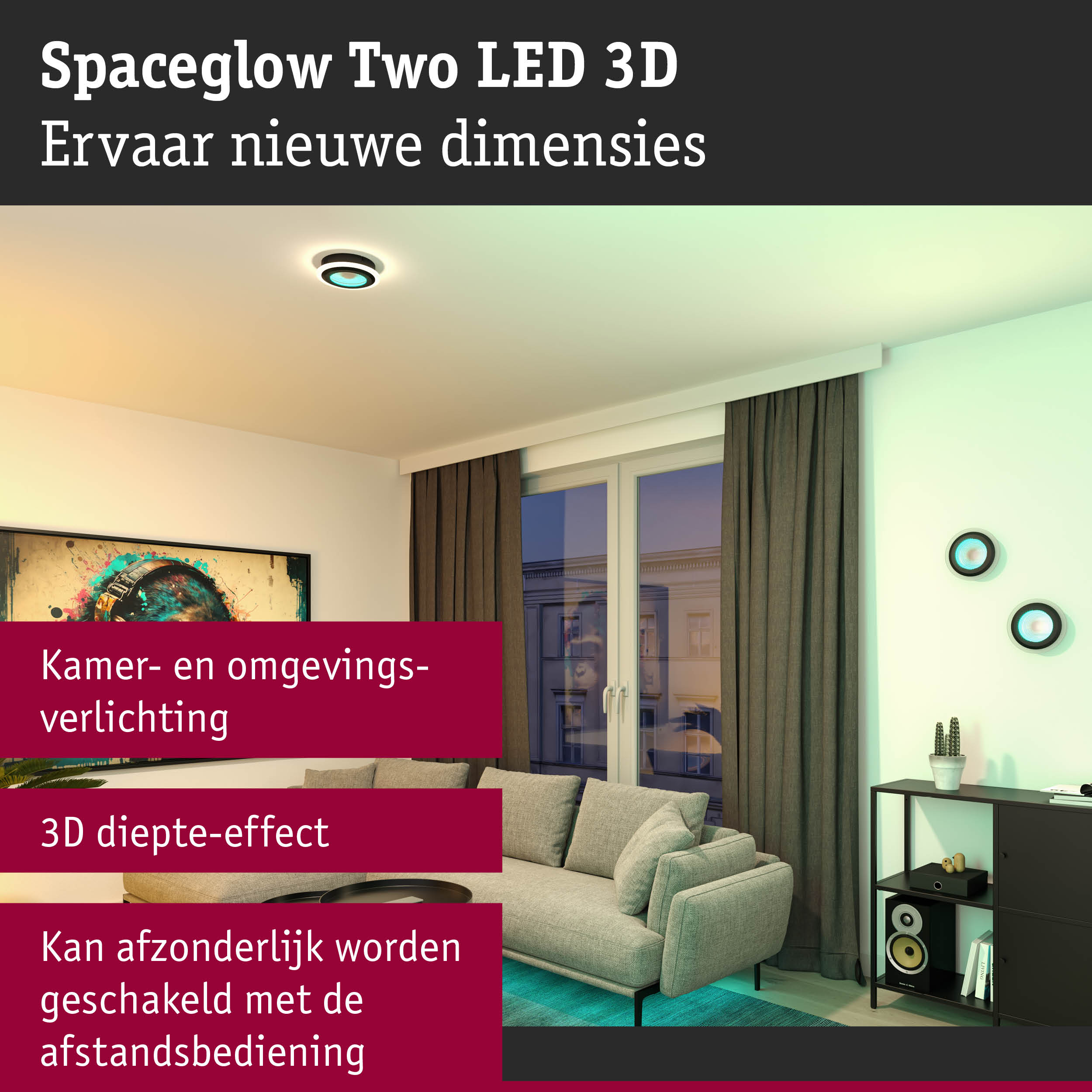 Modern woonkamer met Spaceglow Two LED 3D zwarte en blauwe plafond- en wandverlichting
