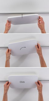Plafonnier rectangulaire blanc en plastique présenté en trois étapes d'installation avec mécanisme clic.