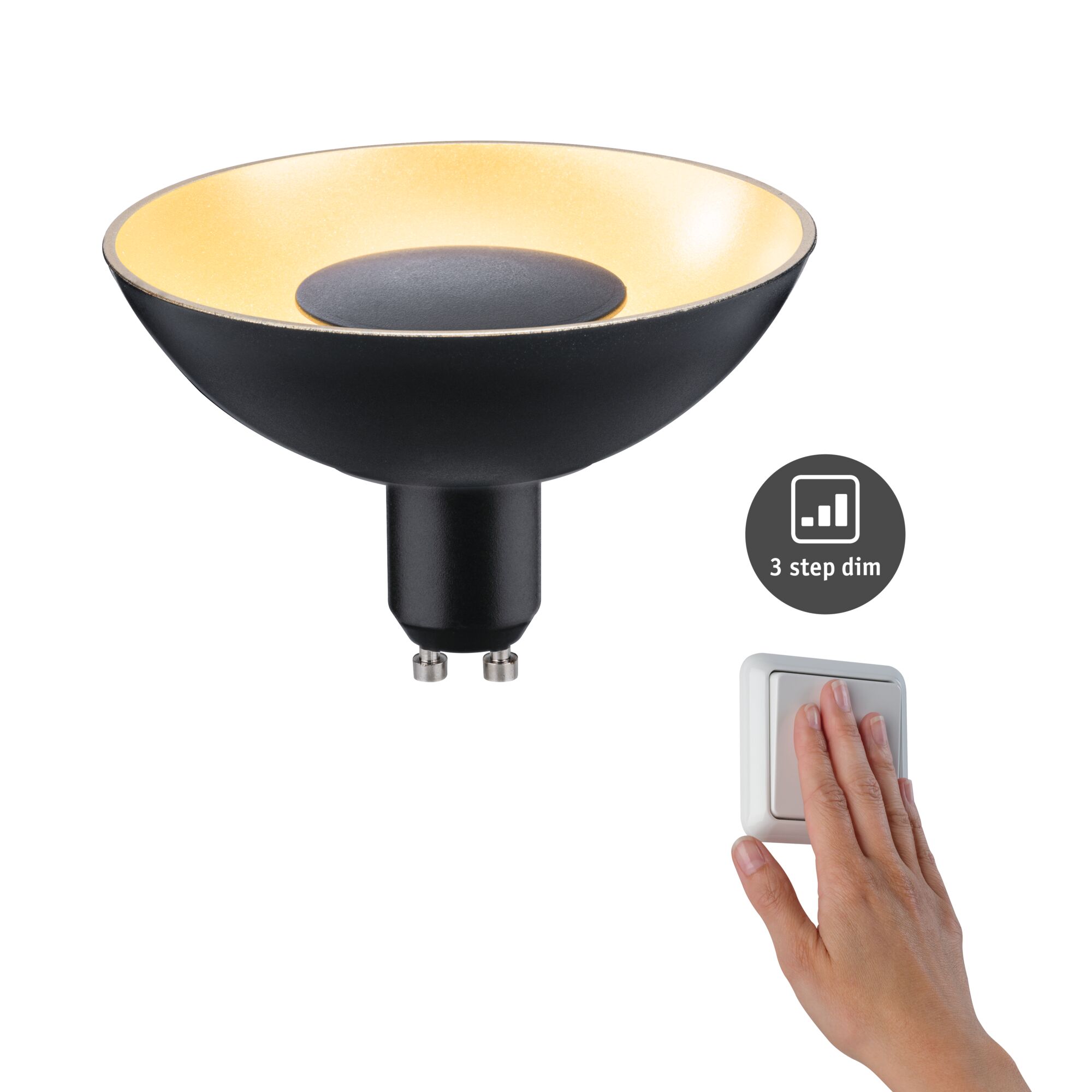 LED Reflektor 3-Step-Dim Zahnutí GU10 230V 170lm 4,9W 1900K stmívatelný Černá/Zlatá Schwarze LED-Reflektorlampe mit goldfarbener Innenfläche und 3-Stufen-Dimmfunktion per Wandschalter