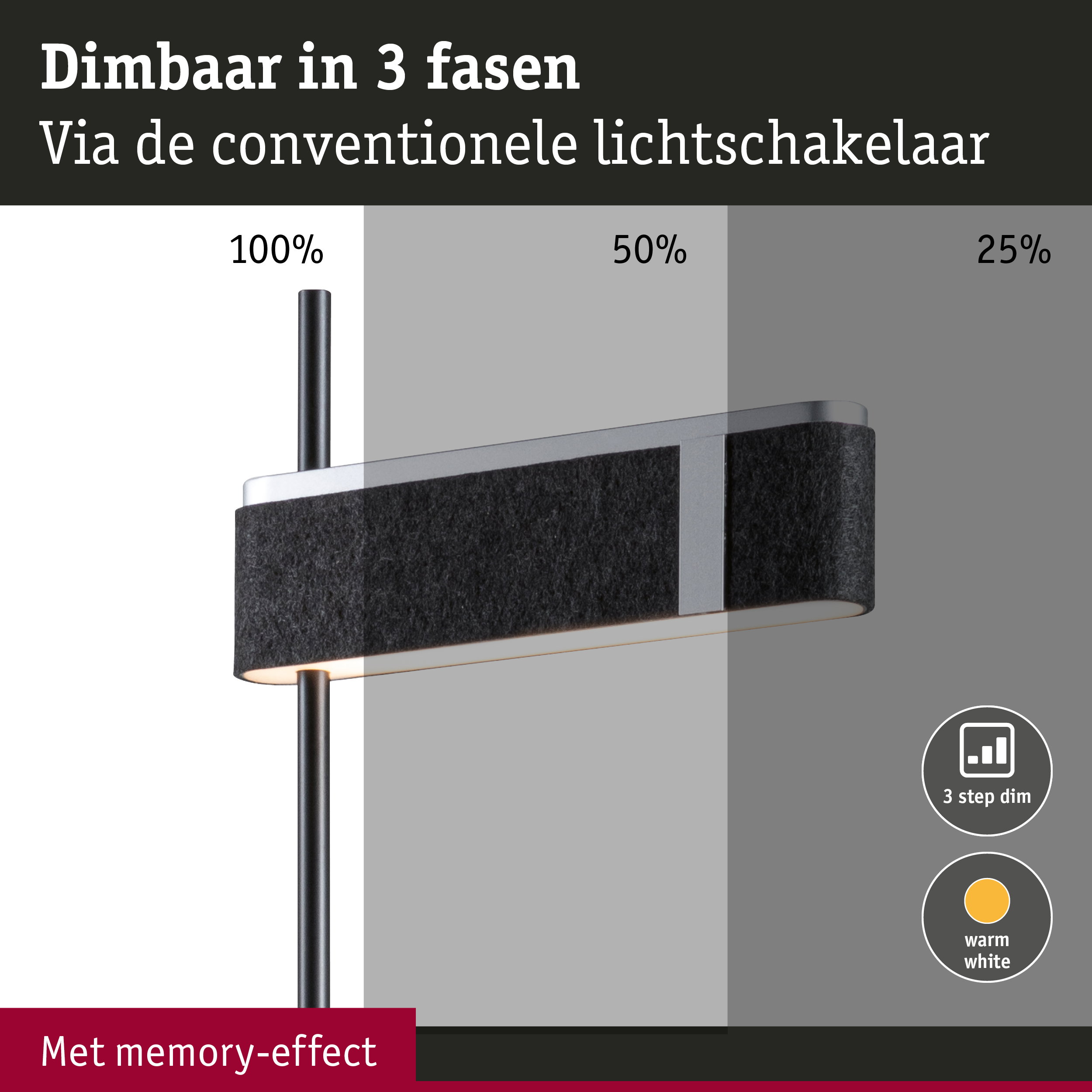 Dimbare zwarte vloerlampenkap van vilt met warm wit licht in drie stappen verstelbaar