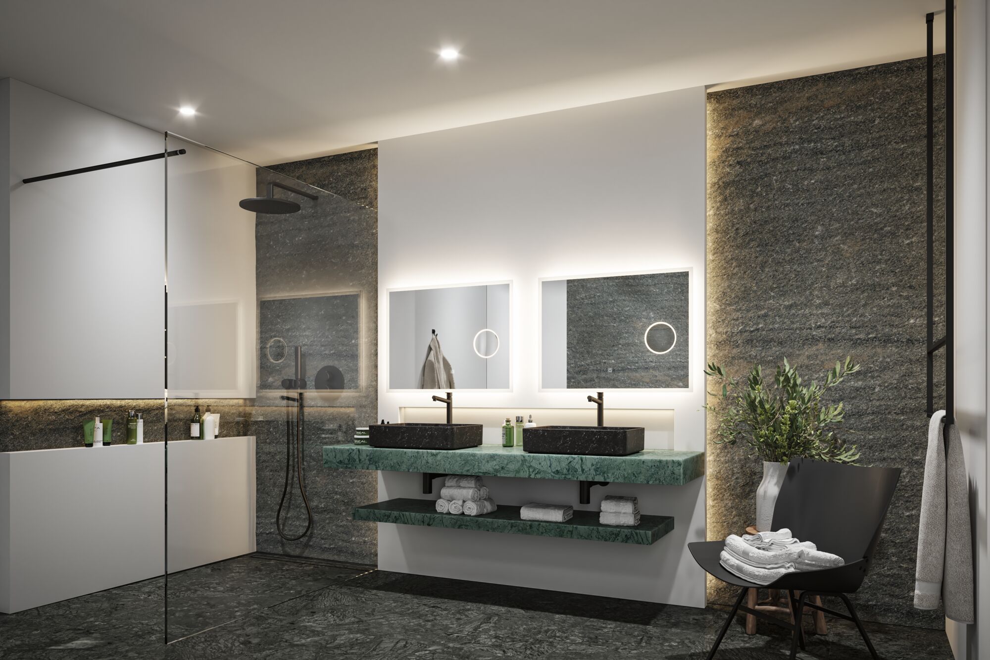 Modern bathroom with green marble countertop, black basins, and LED-lit mirrors for elegant lighting