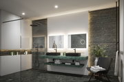 Modernes Badezimmer mit grünem Marmorwaschtisch, schwarzen Becken und LED-beleuchteten Spiegeln