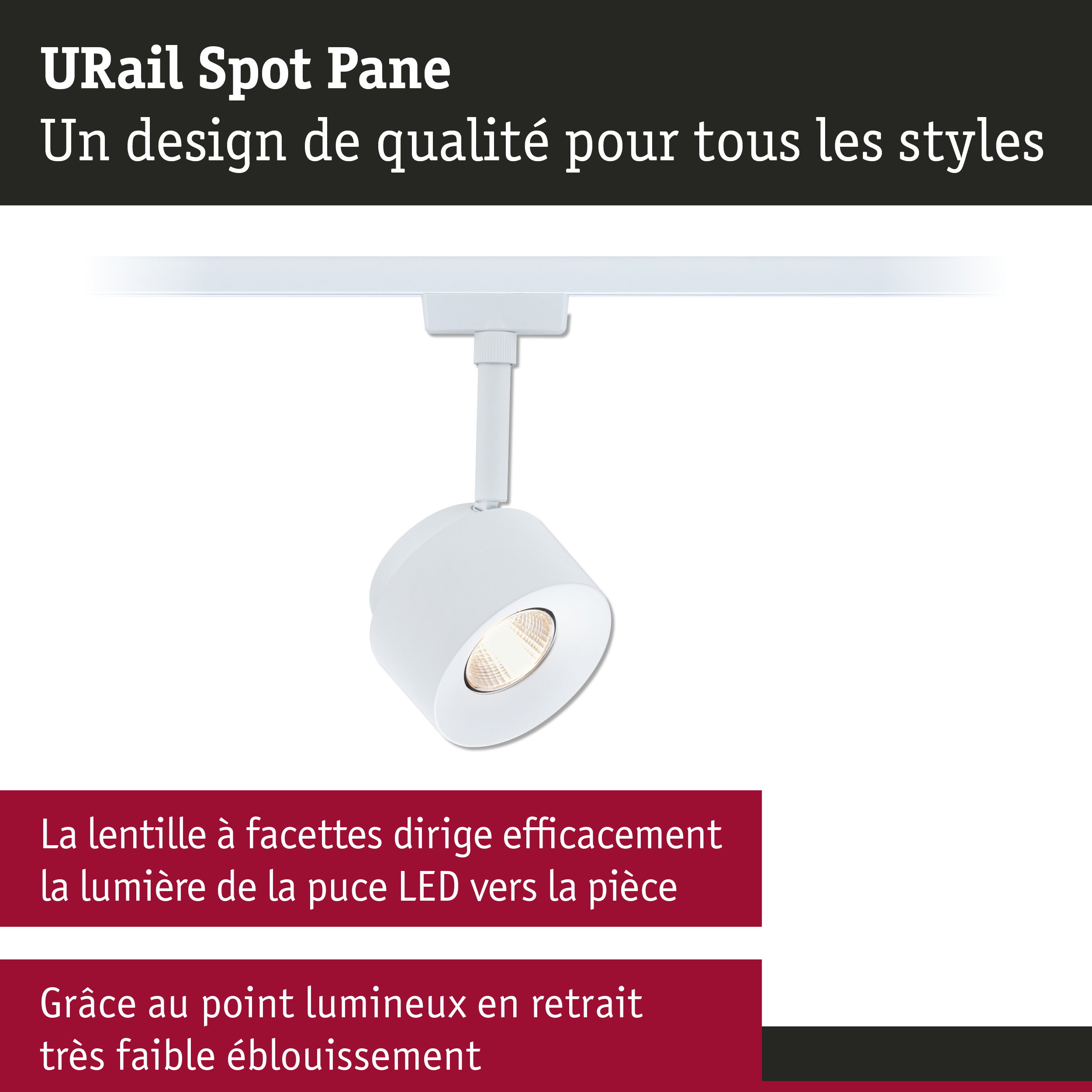 Spot LED URail Spot Pane blanc avec lentille à facettes pour un éclairage sans éblouissement
