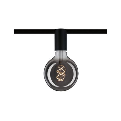 Smoke glass LED bulb with spiral filament in black holder on track system for modern lighting design