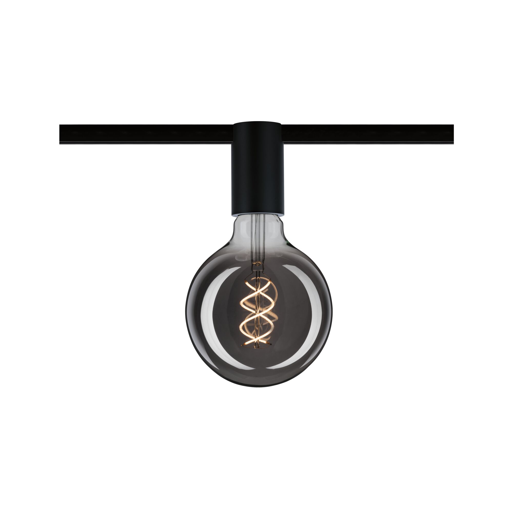 Smoke glass LED bulb with spiral filament in black holder on track system for modern lighting design