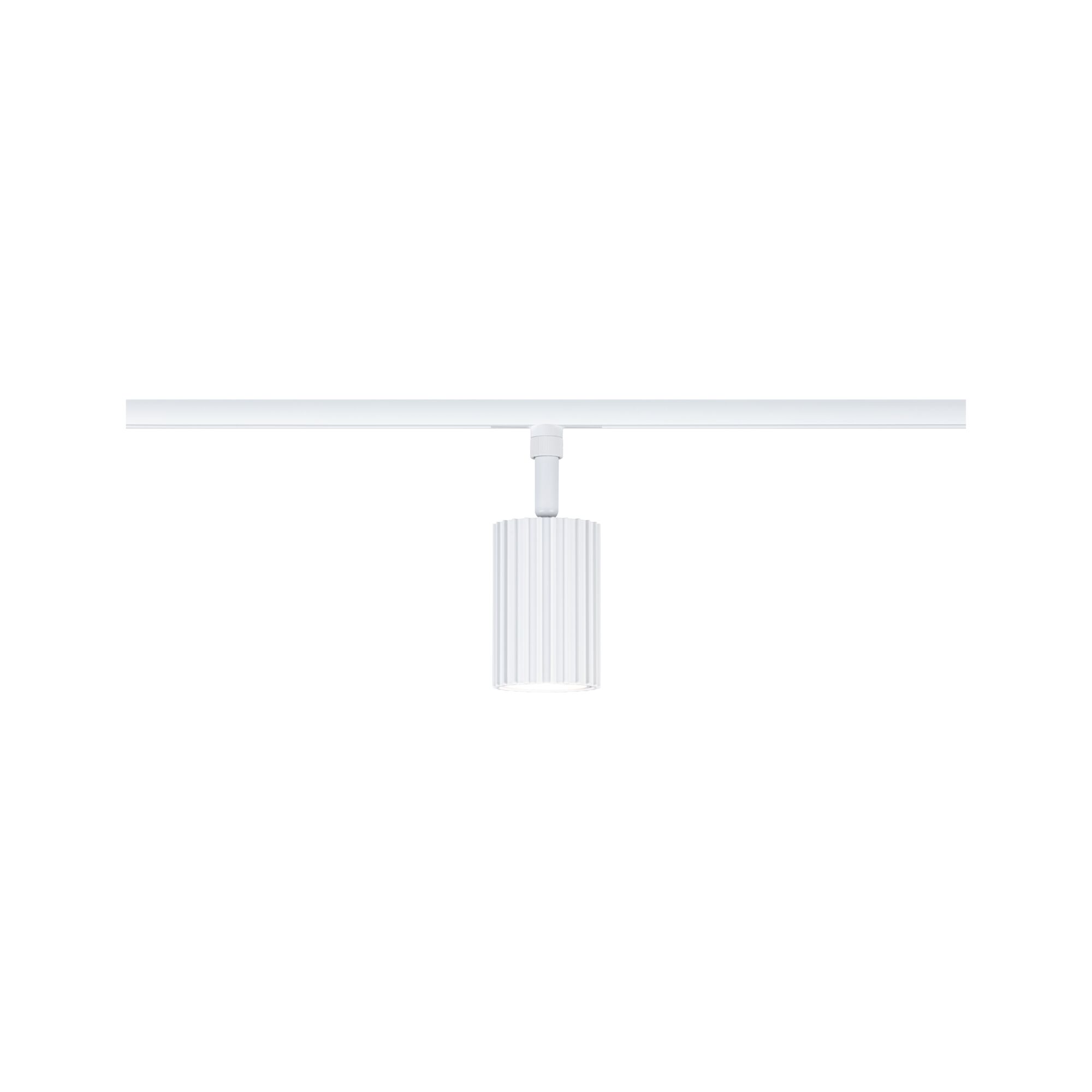 Modern white LED track spotlight with ribbed metal cylinder housing for accent lighting in interiors