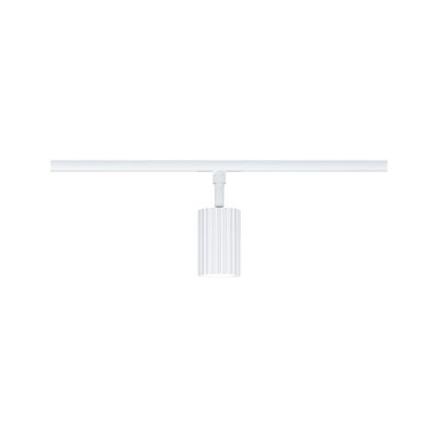 Modern white LED track spotlight with ribbed metal cylinder housing for accent lighting in interiors