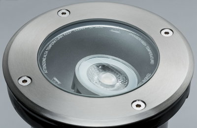 Ronde inbouw-LED-spot van geborsteld roestvrij staal met glazen afdekking voor buitenverlichting