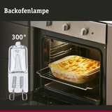 Backofenlampe aus klarem Glas mit sichtbarem Glühfaden neben einem Ofen mit Auflauf bei 300 Grad